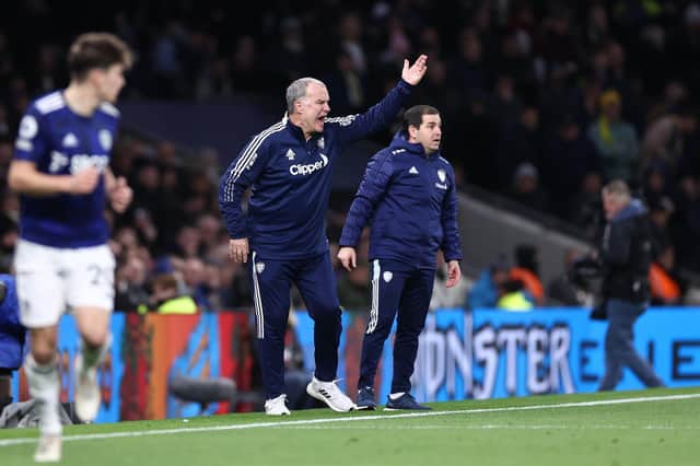 SPURRING THEM ON: Whites head coach Marcelo Bielsa, centre, shouts out the instructions during Sunday's 2-1 defeat at Tottenham.