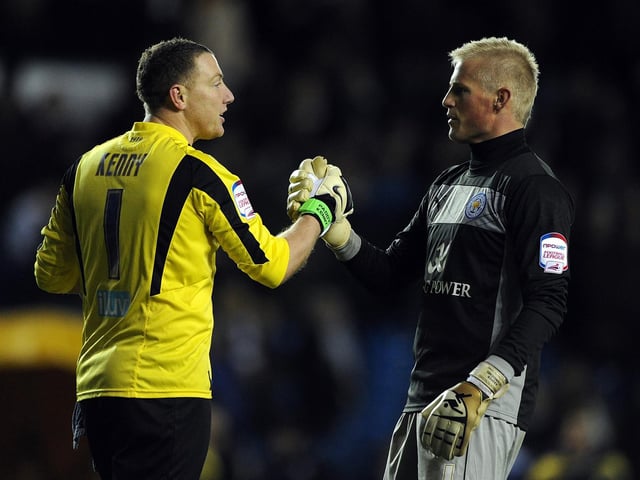 Paddy Kenny shakes hands with Leicester City's Kasper Schmeichel at full-time following the Championship clash at Elland Road in November 2012.