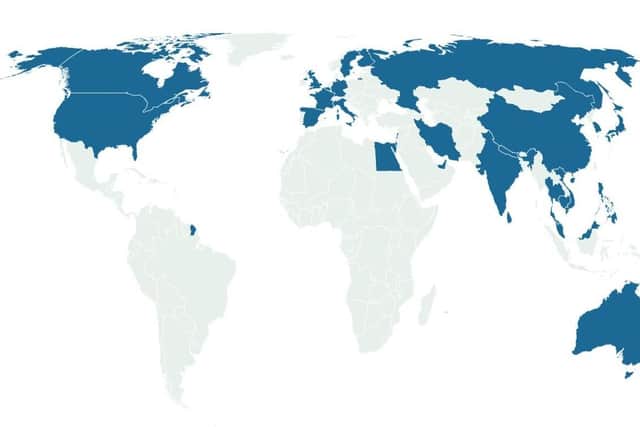 A map showing all the countries with confirmed cases of Covid-19.