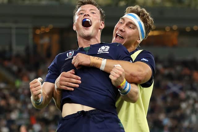 George Horne of Scotland celebrates scoring his team's seventh try with Jamie Ritchie of Scotland during the Rugby World Cup 2019 Group A game between Scotland and Russia in Japan. (Picture: Mike Hewitt/Getty Images)