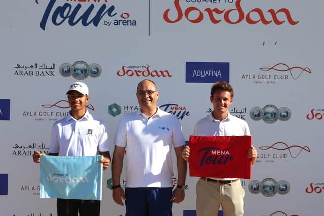 London-based Scot Ryan Lumsden, right, celebrates his victory in the MENA Tour by Arena's Journey to Jordan #2 at Ayla Golf Club. Picture: Joy Chakravarty