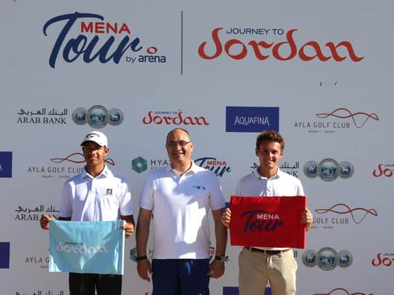 London-based Scot Ryan Lumsden, right, celebrates his victory in the MENA Tour by Arena's Journey to Jordan #2 at Ayla Golf Club. Picture: Joy Chakravarty
