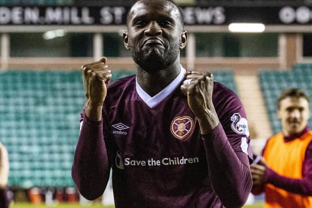 Clevid Dikamona salutes the Hearts fans after the 3-1 derby win at Easter Road on Tuesday. Picture: Ross Parker/SNS