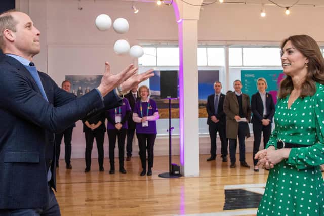 The Duke and Duchess of Cambridge practised juggling on a visit to Galway, Ireland. Picture: Paul Faith / AFP