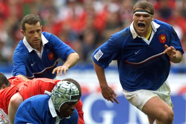 Pieter de Villiers, right, in action for France as team-mate Fabien Galthie looks on during the Six Nations clash with Wales in 2001. Picture: Patrick Hertzog/AFP via Getty Images