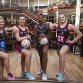 Strathclyde Sirens captain Gia Abernethy with team-mates Niamh McCall, Zanele Vimbela and Lauren Tait at the launch of Netball Scotland’s new campaign, #KindnessRevolution, which aims to encourage kindness in everyday life and across social media. The players are pictured at Princes Square shopping centre in Glasgow, which has gone into partnership with the Sirens. Picture: Mark F Gibson