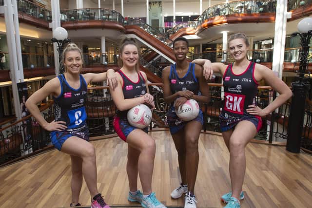 Strathclyde Sirens captain Gia Abernethy with team-mates Niamh McCall, Zanele Vimbela and Lauren Tait at the launch of Netball Scotland’s new campaign, #KindnessRevolution, which aims to encourage kindness in everyday life and across social media. The players are pictured at Princes Square shopping centre in Glasgow, which has gone into partnership with the Sirens. Picture: Mark F Gibson