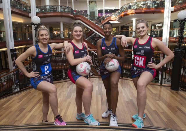 Strathclyde Sirens captain Gia Abernethy with team-mates Niamh McCall, Zanele Vimbela and Lauren Tait at the launch of Netball Scotland’s new campaign, #KindnessRevolution, which aims to encourage kindness in everyday life and across social media. The players are pictured at Princes Square shopping centre in Glasgow, which has gone into partnership with the Sirens. Picture: Mark F Gibson