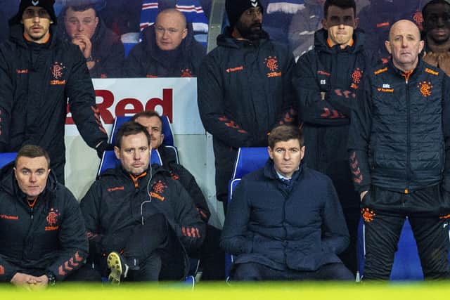 The collection of glum faces in the dugout reflects the mood in the Rangers camp during Wednesday’s 1-0 defeat by Hamilton Accies at Ibrox. Picture: SNS.