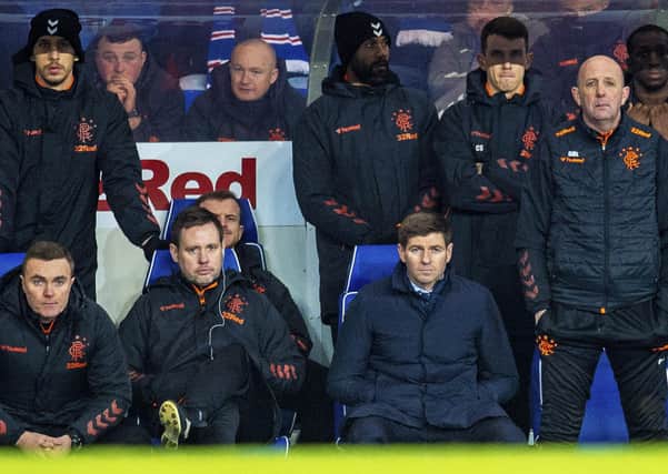The collection of glum faces in the dugout reflects the mood in the Rangers camp during Wednesday’s 1-0 defeat by Hamilton Accies at Ibrox. Picture: SNS.