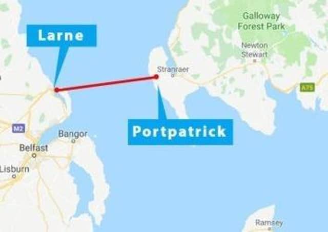 The proposed route of a tunnel/bridge linking Portpatrick to Larne and/or the flight path of 'passengers' propelled by means of a giant satirical catapult