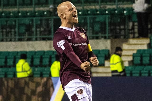 Steven Naismith enjoys Hearts' derby win over Hibs. Picture: Ross Parker / SNS