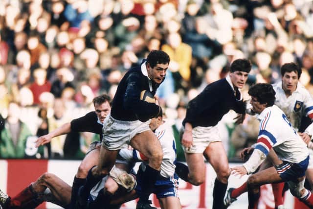 Rob Wainwright, right, looks on as Gavin Hastings takes a pass from Gregor Townsend to score the winning try in Scotland's famous victory over France in Paris in 1995. Picture: Hamish Campbell