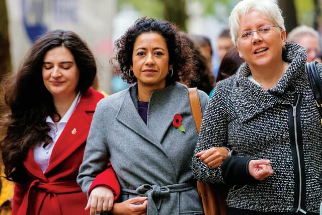 Carrie Gracie and other women supporting Samira Ahmed at the Central London Employment Tribunal, where Ahmed won her dispute over equal pay with the BBC