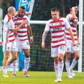 Marios Ogkmpoe neted a late penalty to boost Hamilton's survival hopes. Picture: SNS Group