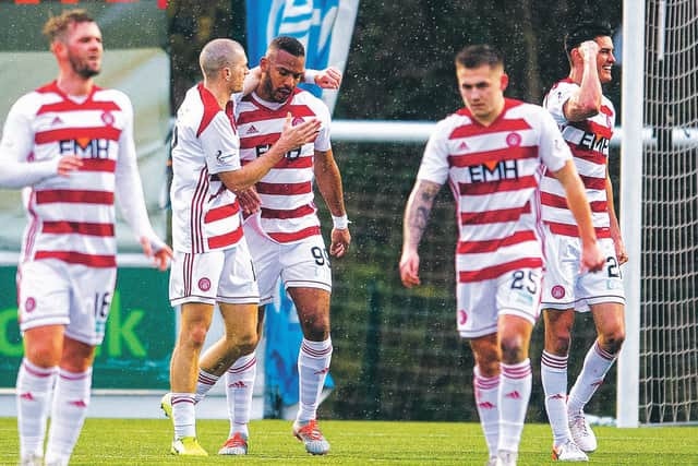 Marios Ogkmpoe neted a late penalty to boost Hamilton's survival hopes. Picture: SNS Group