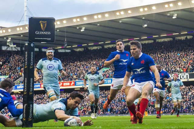 Sean Maitland scores his and Scotland's second try in the 28-17 win over France at BT Murrayfield. Picture: Gary Hutchison/SNS