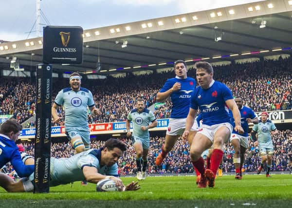 Sean Maitland scores his and Scotland's second try in the 28-17 win over France at BT Murrayfield. Picture: Gary Hutchison/SNS