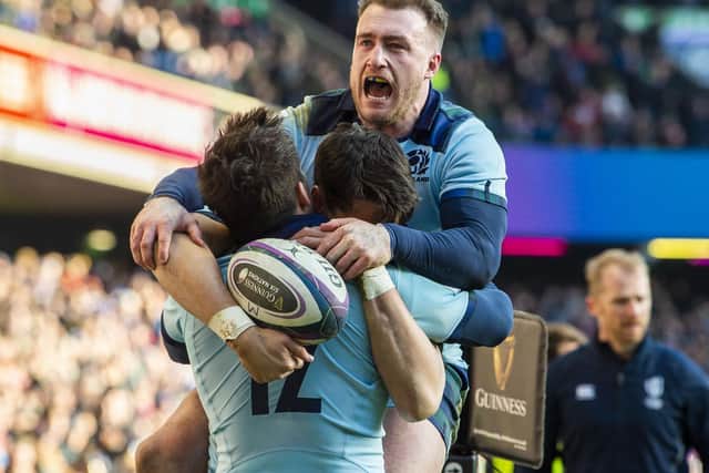 Scotland captain Stuart Hogg celebrates Sean Maitland's first try in the win over France. Picture: Ross Parker/SNS/SRU