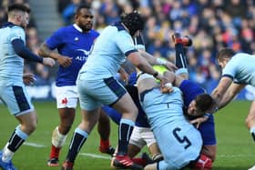 France’s Paul Willemse escaped punishment for this tackle on Grant Gilchrist. Picture: Andy Buchanan/AFP