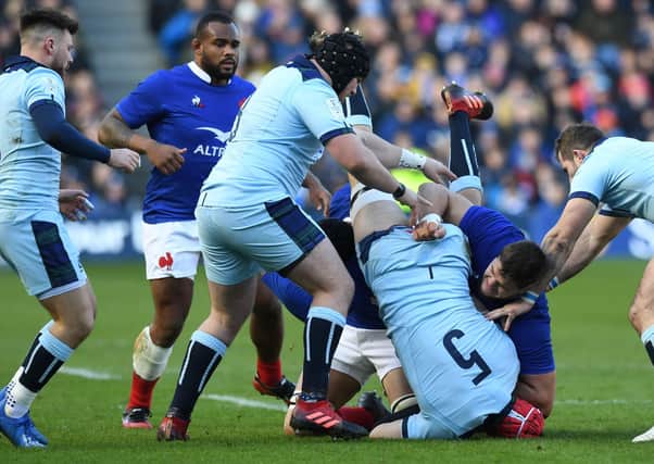 France’s Paul Willemse escaped punishment for this tackle on Grant Gilchrist. Picture: Andy Buchanan/AFP