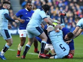 France’s Paul Willemse escaped punishment for this tackle on Grant Gilchrist. Picture: Andy Buchanan/AFP