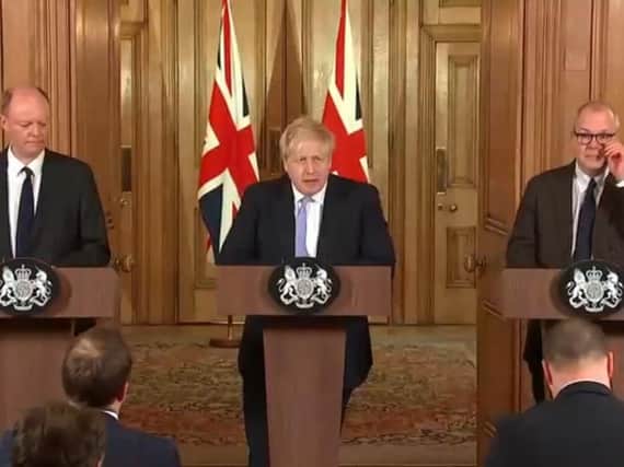 Prime Minister Boris Johnson gives a press conference alongside Chief Medical Officer Professor Chris Whitty and Chief Scientific Adviser Sir Patrick Vallance