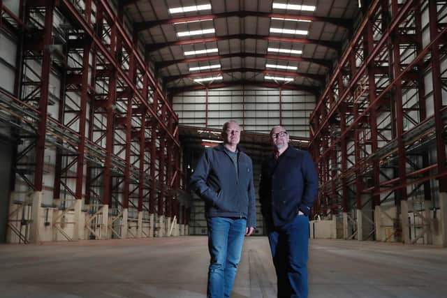 Bob Last and Jason Connery pictured inside the former Pelamis wave power plant in Leith.