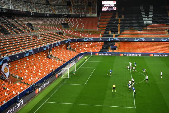 Last night’s Champions League clash between Valencia and Atalanta was played behind closed doors at the Mestalla.Picture: Uefa pool/Getty