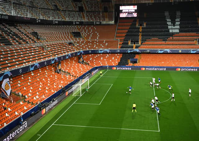 Last night’s Champions League clash between Valencia and Atalanta was played behind closed doors at the Mestalla.Picture: Uefa pool/Getty