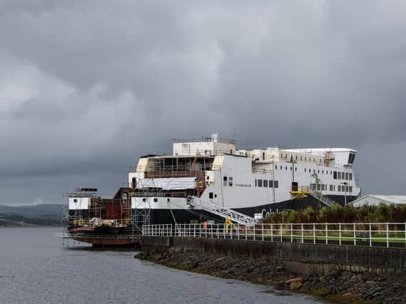 The partially-built Geln Sannox ferry at Ferguson's Port Glasgow yard. Picture: John Devlin
