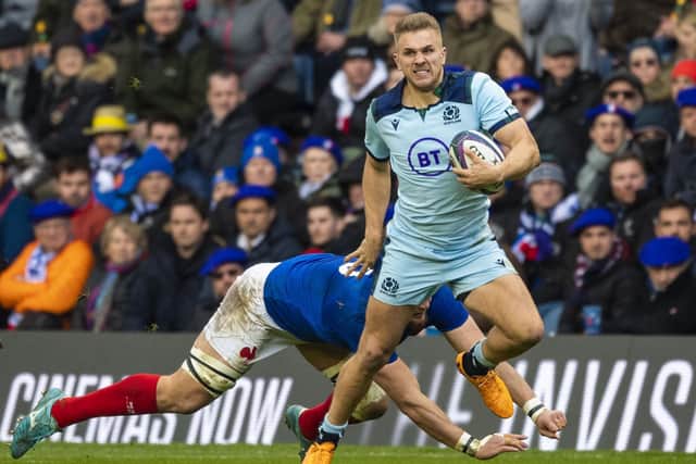 Scotland inside centre Chris Harris breaks a tackle during the impressive 28-17 victory over France at BT Murrayfield. Picture: Gary Hutchison/SNS/SRU