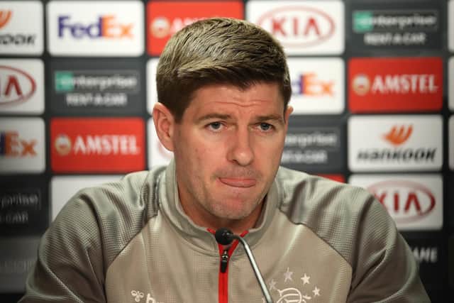 Steven Gerrard faces the media ahead of Rangers' Europa League clash against Bayer Leverkusen at Ibrox.