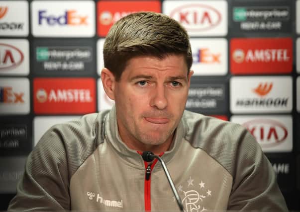 Steven Gerrard faces the media ahead of Rangers' Europa League clash against Bayer Leverkusen at Ibrox.