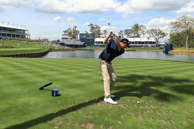 Patrick Reed plays a shot on the 17th hole during a practice round prior to the Players Championship at Sawgrass. Picture: Mike Ehrmann/Getty