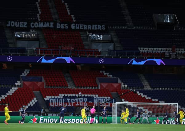 Games in Europe are being played behind closed doors, including Wednesday night's Champions League match between Paris Saint-Germain and Borussia Dortmund. Picture: UEFA via Getty Images)