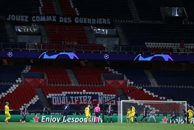 Games in Europe are being played behind closed doors, including Wednesday night's Champions League match between Paris Saint-Germain and Borussia Dortmund. Picture: UEFA via Getty Images)