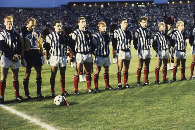 The Scotland team lines up before the match:
(L-R) Alex McLeish, Jim Leighton, Paul McStay, Alan McInally, Stuart McCall, Jim Bett, Craig Levein, Stuart McKimmie, Murdo MacLeod, Richard Gough, Robert Fleck. Picture: SNS