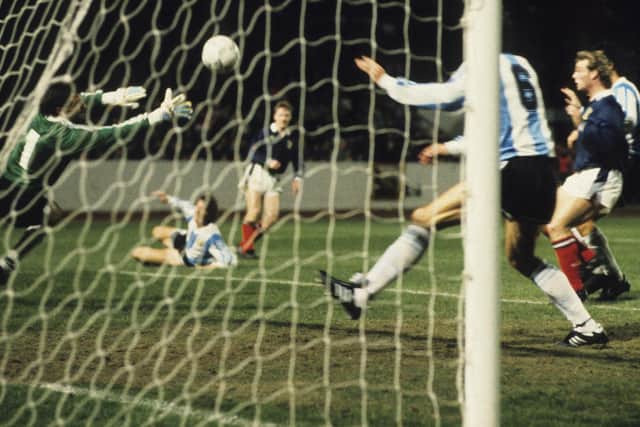 Scotland right-back Stuart McKimmie (third from left) watches his half volley fly past Argentina keeper Nery Pumpido for the only goal of the game at Hampden in March 1990. Picture: SNS
