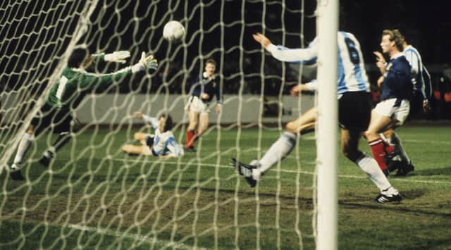 Scotland right-back Stuart McKimmie (third from left) watches his half volley fly past Argentina keeper Nery Pumpido for the only goal of the game at Hampden in March 1990. Picture: SNS