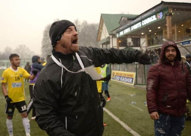 Real Kashmir manager David Robertson celebrates a vital win over I-League rivals Gokulam Kerala. Picture: Tauseef Mustafa/AFP