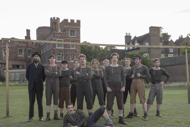 Kevin Guthrie (lying at front) as Fergus Suter, regarded as the world's first professional, who went from Glasgow's Partick FC to play for Lancashire mill team Darwen in the 1870s with Scottish team-mate Jimmy Love, played by James Harkness (second from left)