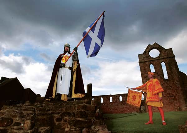 Robert The Bruce, alias Laurence Tait, arrives at Arbroath Abbey to re-enact the signing of the Declaration of Arbroath in 2004. The legendary document is now 700 years old. Picture: Getty