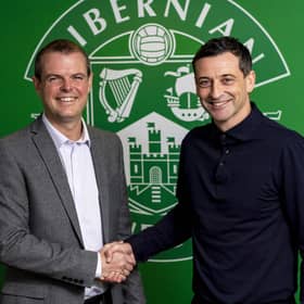 Hibs boss Jack Ross,  right, and sporting director Graeme Mathie are putting plans in place for next season, whenever that may be. Picture: Craig Williamson/SNS