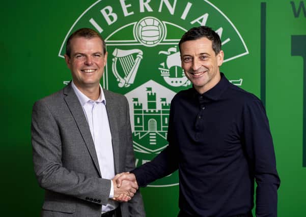 Hibs boss Jack Ross,  right, and sporting director Graeme Mathie are putting plans in place for next season, whenever that may be. Picture: Craig Williamson/SNS