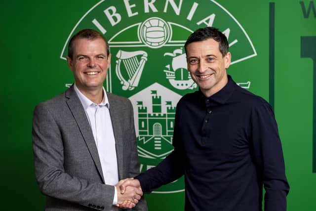 Hibs boss Jack Ross, right, and sporting director Graeme Mathie are putting plans in place for next season, whenever that may be. Picture: Craig Williamson/SNS