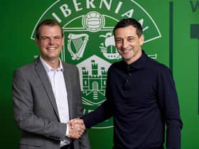 Hibs boss Jack Ross,  right, and sporting director Graeme Mathie are putting plans in place for next season, whenever that may be. Picture: Craig Williamson/SNS