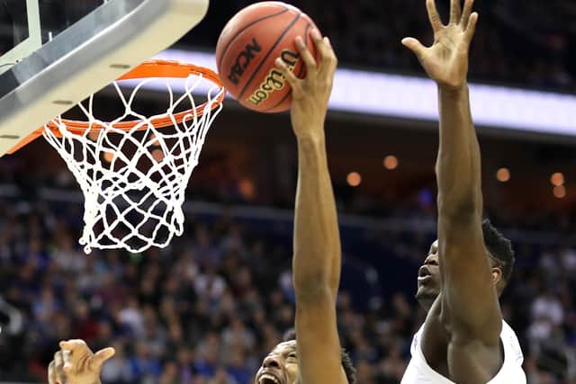 Michigan State Spartans’ Xavier Tillman scores against Duke Blue Devils in an East Regional tie. Picture: Rob Carr/Getty