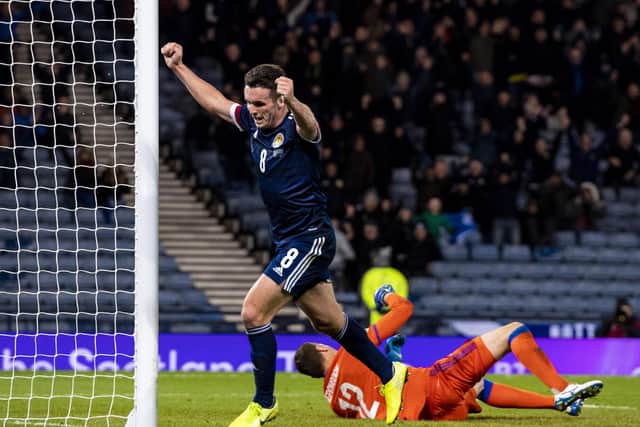John McGinn celebrates after scoring his second goal to seal Scotland’s 3-1 victory over Kazakhstan in their final group qualifying match. Picture: SNS