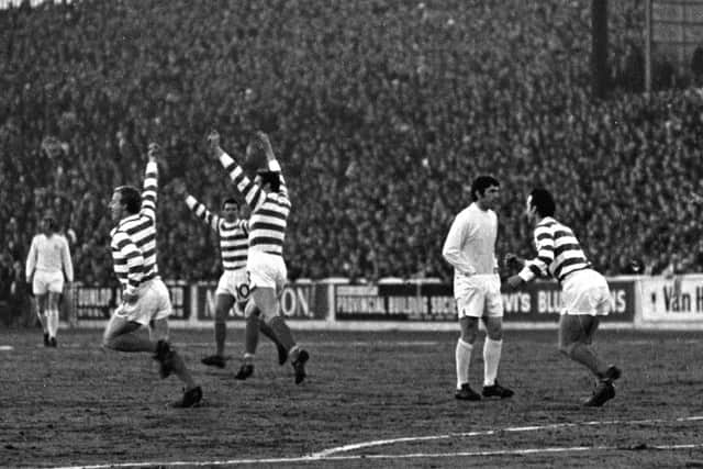 Celtic celebrate George Connelly's away goal at Elland Road.
